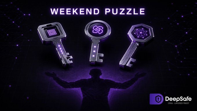 The image shows a "WEEKEND PUZZLE" graphic featuring three stylized keys with digital symbols above a silhouette figure with outstretched arms, branded with the "DeepSafe - Crowd Layered Trust" logo. The keys and silhouette visually represent the puzzle's theme of multi-signature authorization, where despite having three separate valid signatures, a single person (the shadowed figure) controls all keys.