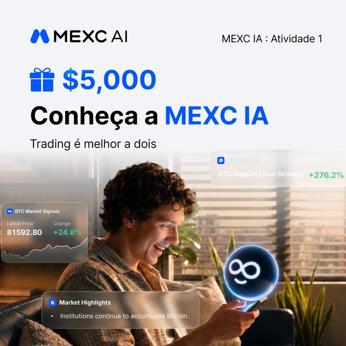 The image is a promotional graphic for "MEXC IA: Atividade 1," featuring a smiling man looking at his phone alongside trading interface elements showing BTC Market Signals ($15,592.80, +24.8%), an AI Strategy with a "+276.2%" BTC Support Level Strategy return, and a Market Highlights note. The "$5,000" prize amount and tagline "Conheça a MEXC IA – Trading é melhor a dois" align with the post's call to engage with the MEXC AI platform and hashtag campaign.
