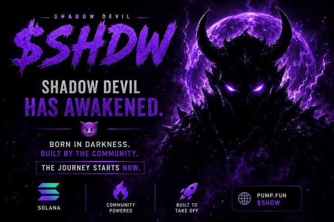 A promotional graphic for the '$SHDW SHADOW DEVIL' token on the Solana blockchain features a dark, horned demonic figure with glowing purple eyes and the text 'HAS AWAKENED'.
