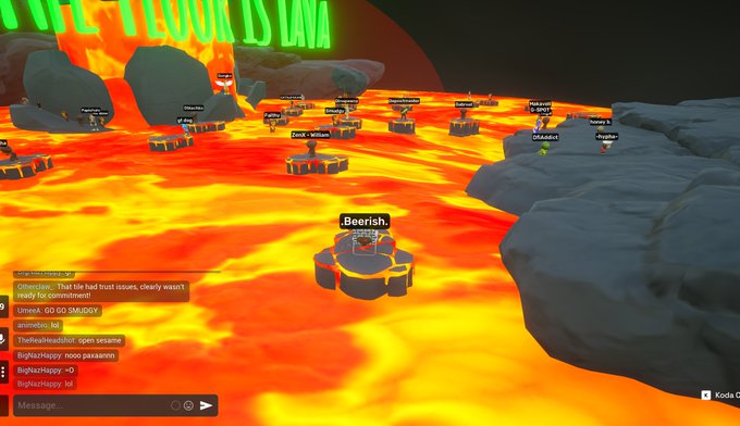 A Roblox 'The Floor is Lava' game with avatars on rocks above lava, chat showing messages like 'OliveAxe: That tile had trust issues' and 'GO SMUGGY'.