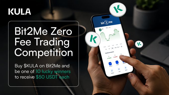 A promotional graphic for a KULA 'Bit2Me Zero Fee Trading Competition' on the Bit2Me app, where buying $KULA offers a chance for 10 lucky winners to receive $50 USDT each.