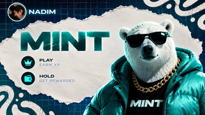 A promotional graphic featuring a polar bear wearing sunglasses, a gold chain, and a teal puffer jacket, with the text "NADIM MINT", "PLAY EARN XP", and "HOLD GET REWARDED".
