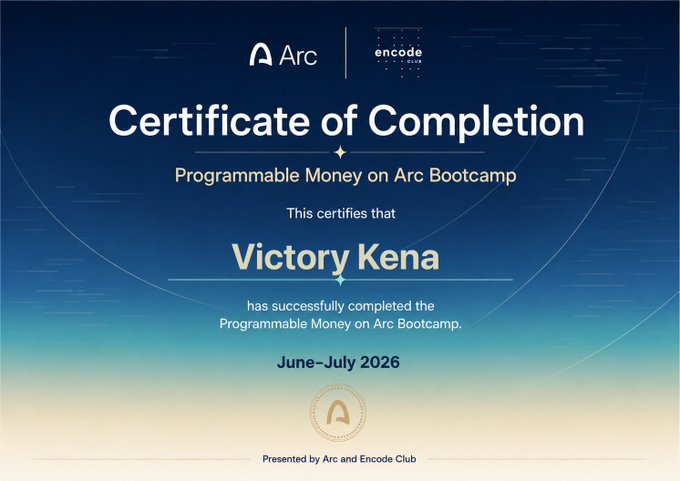 A Certificate of Completion from Arc and Encode Club awarded to Victory Kena for successfully finishing the Programmable Money on Arc Bootcamp in June–July 2026, serving as tangible proof of the milestone shared in the post.