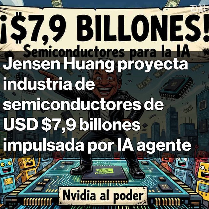 An illustrated graphic of Jensen Huang standing on a chip reads '¡$7,9 BILLONES! Semiconductores para la IA' and mentions his projection of a USD $7.9 billion semiconductor industry driven by agentic AI, with 'Nvidia al poder' below.