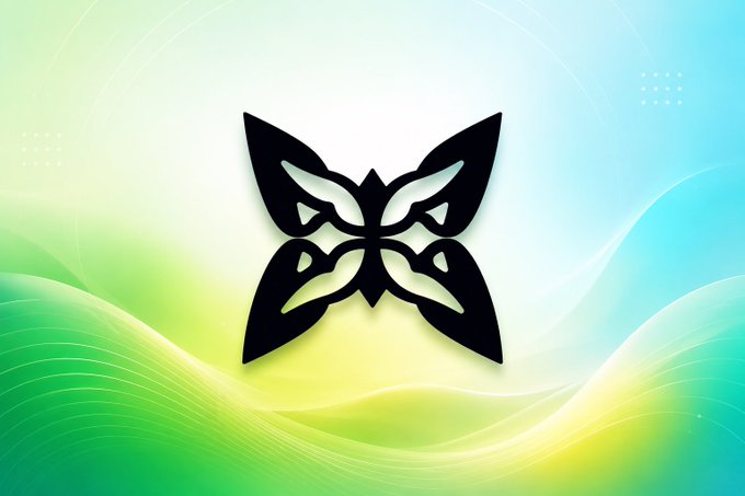 A symmetrical black butterfly-like emblem or logo centered on a flowing green, yellow, and light blue gradient background.