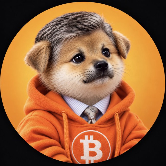An illustrated portrait of a small brown dog with a grey haircut wearing an orange Bitcoin-branded hoodie and a tie against an orange background.