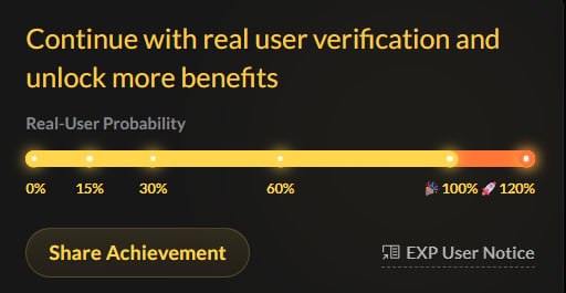 There is a chart that shows the progress of completing a task or reaching a goal, with different levels of completion represented by yellow bars against a black background. The text at the bottom of the image reads "You're Eligible! I’ve completed 120% of Human Possibility and invested heavily in Mina. I currently have 36M EXP points. Do you think I can receive 1,000 ?".