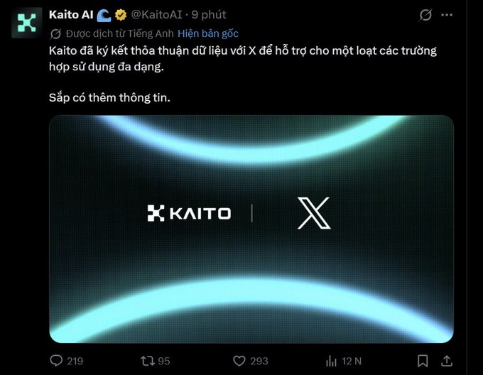 A Vietnamese-language tweet from @KaitoAI announcing a data partnership agreement with X to support various use cases, including the KAITO | X branding image.