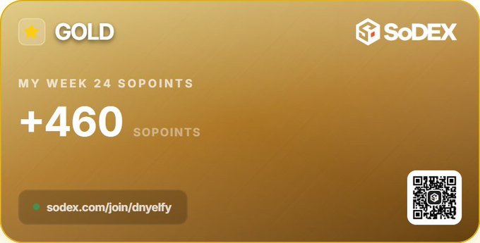 A gold "SoDEX" membership card labeled "GOLD" showing "MY WEEK 24 SOPOINTS +460 SOPOINTS" with a referral link sodex.com/join/dnyelfy and a QR code.