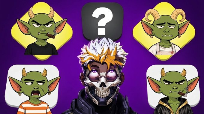A YouTube thumbnail featuring a central skull-faced anime character with white and orange hair, surrounded by four green goblin-like avatars and a question mark icon at the top.