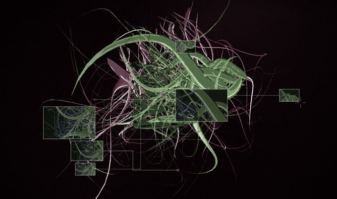 A chaotic digital artwork featuring swirling green and pink abstract shapes on a dark background, accented with scattered rectangular frames connected by thin lines, resembling a network diagram of an energetic 33-piece generative mint collection.