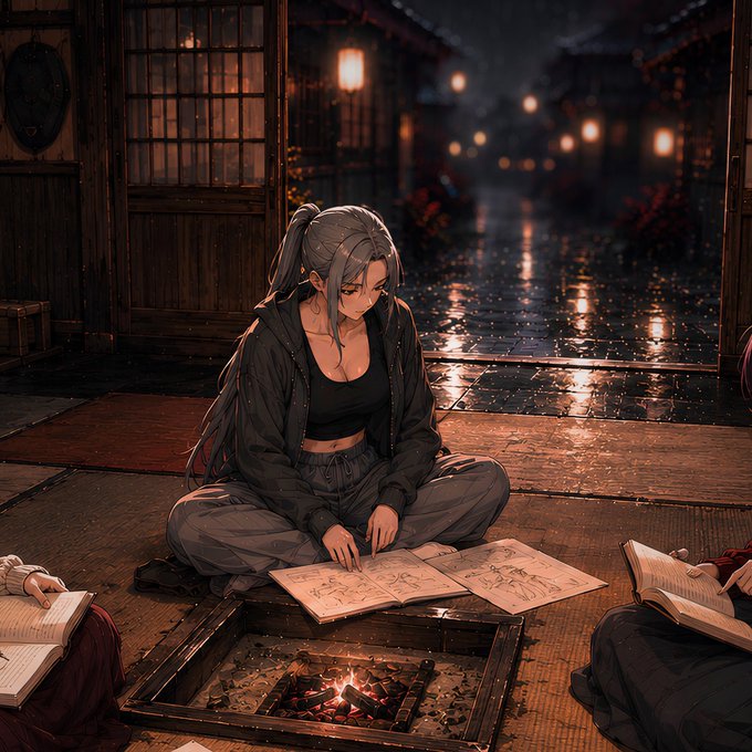 An anime-style illustration of a silver-haired girl in a black hoodie and tank top sitting cross-legged on tatami mats by a sunken hearth, reading an open book under the soft glow of lanterns along a rainy street.
