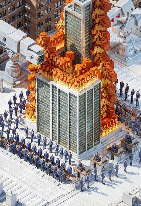 This pixel-art image creatively visualizes the "raise the roof" pun, depicting a skyscraper atop a burning building with crowds of suited figures bidding around a central tower, fitting perfectly with an art auction theme.