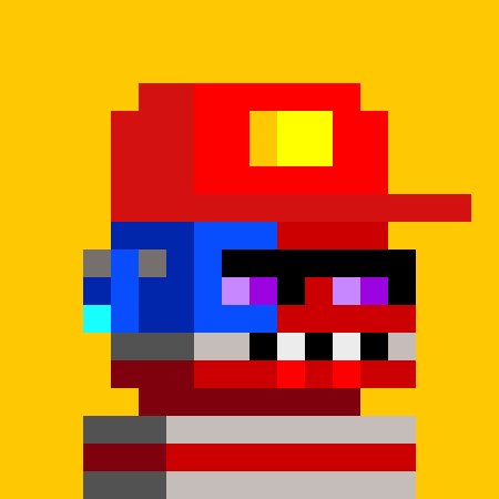 Pixel art of a Transformers character, appearing to be Optimus Prime, wearing a red cap with a rectangular emblem against a yellow background.