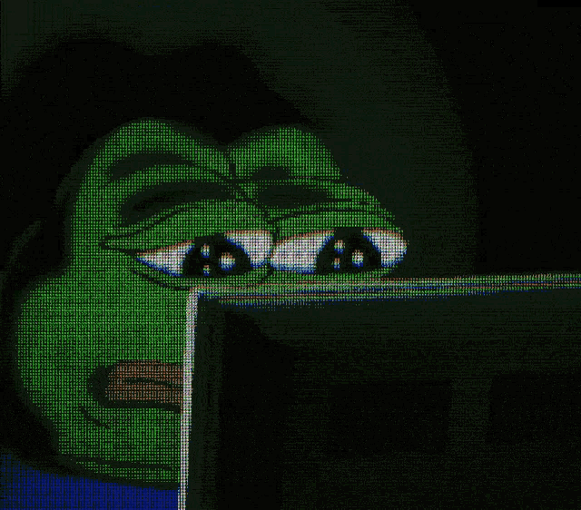 A pixelated, retro-style image of a green Pepe the Frog character appearing sad while peeking over a dark ledge.