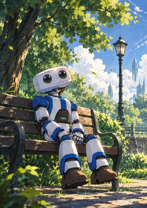 An anime-style illustration of a small white and blue robot with large black eyes sitting on a wooden bench in a sunny park, with a lamppost and a distant futuristic city skyline in the background.