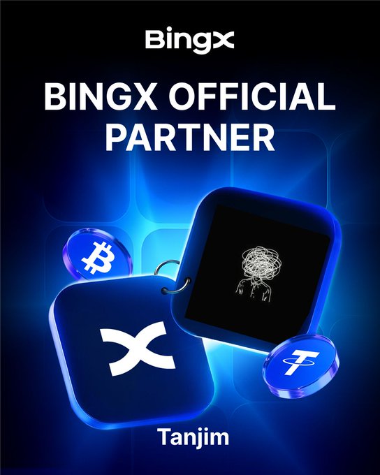 The image features a blue square with an X logo, surrounded by small blue circles containing Bitcoin addresses. The text "Big milestone unlocked! Proud to be a BingX Official Partner This is just the beginning. More crypto insights, opportunities, and rewards ahead." is written above the square.
