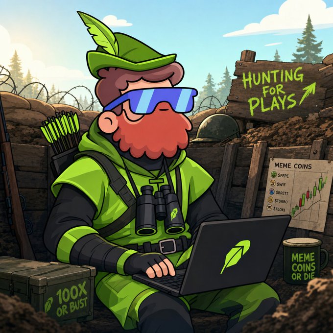 A cartoon illustration of a character dressed as Robin Hood with binoculars and a laptop in a trench, with a wooden sign reading 'HUNTING FOR PLAYS' and a 'MEME COINS' chart listing tokens like $PEPE, $WIF, $BRETT, $TURBO, and $FLOKI.