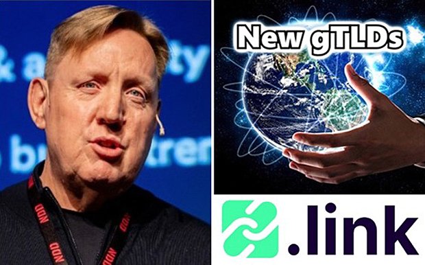 A split image showing a man with a lanyard on the left, and on the right graphics reading "New gTLDs" with a globe and a green "link" logo.
