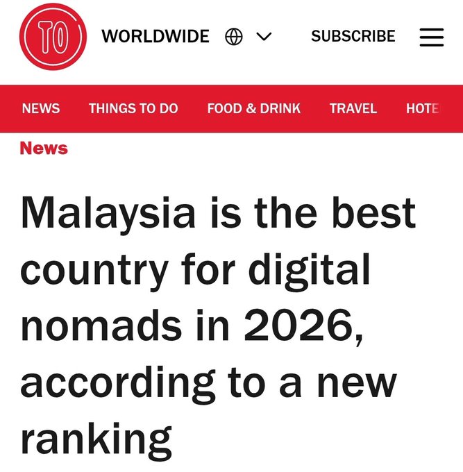 A screenshot from Time Out's website featuring the headline "Malaysia is the best country for digital nomads in 2026, according to a new ranking." The image supports the user's post by visually confirming their positive perception of Malaysia as an ideal destination for digital nomads, highlighting the country's appeal for remote workers seeking affordable living.