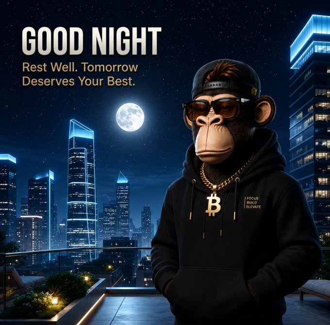 A stylized image of a monkey wearing sunglasses, a hoodie, and a Bitcoin necklace with the text "GOOD NIGHT - Rest Well. Tomorrow Deserves Your Best" against a nighttime city skyline.