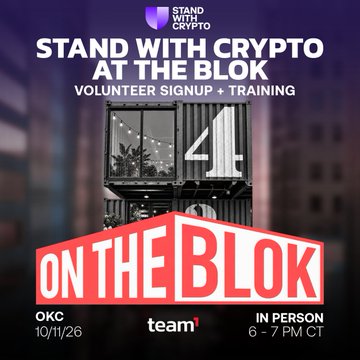 Promotional graphic for 'Stand With Crypto at the Blok' volunteer signup and training event, scheduled for October 11, 2026, at OKC, hosted in person from 6-7 PM CT.