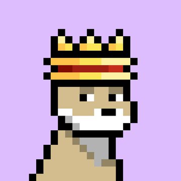 An 8-bit pixel art portrait of a king wearing a gold and red crown on a light purple background.