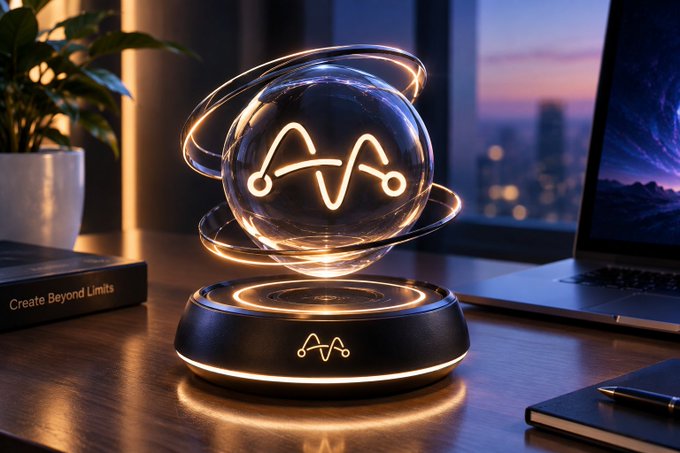 A decorative glowing orb with orbital rings sits on a black base on a desk, featuring an illuminated wave logo inside.