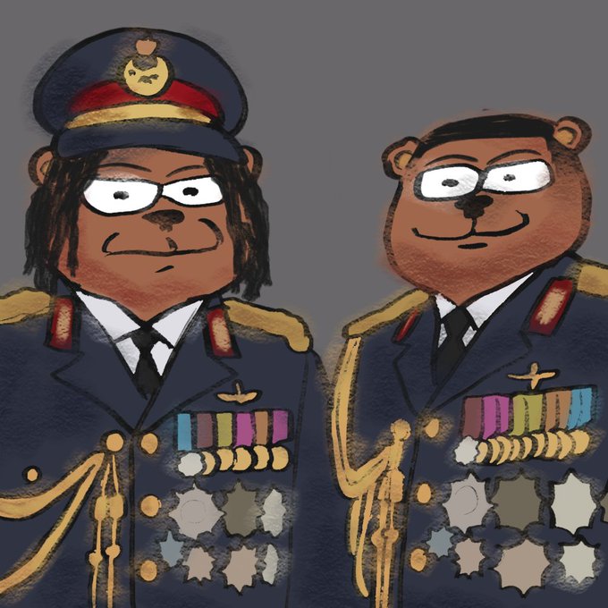 Two anthropomorphic bears dressed in formal military uniforms decorated with colorful medals, ribbons, and gold aiguillettes stand side by side against a gray background. The bear on the left wears a peaked cap with a red band and has longer hair, while the bear on the right has a shorter haircut and a stern expression.