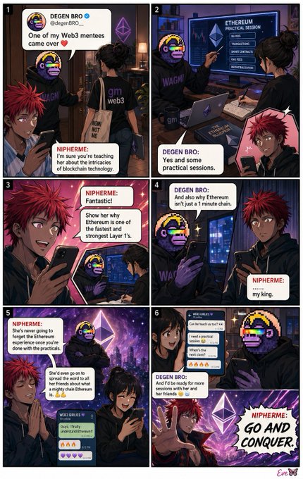 A six-panel comic strip depicts an anime-style exchange between web3 educators @degenBRO__ and @NiphermeDave, where they discuss @degenBRO__'s Web3 mentee, share excitement about Ethereum being "one of the fastest and strongest Layer 1's," jokingly call it "the king's chain," and conclude with Nipherme rallying "GO AND CONQUER," all set against neon-lit crypto-themed backgrounds featuring Ethereum logos and "gm web3" and "WAGMI" apparel.