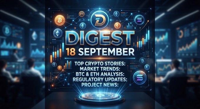 A vibrant graphic titled 'DIGEST 18 SEPTEMBER' promoting top crypto stories including market trends, BTC & ETH analysis, regulatory updates, and project news, set against a futuristic trading floor background.