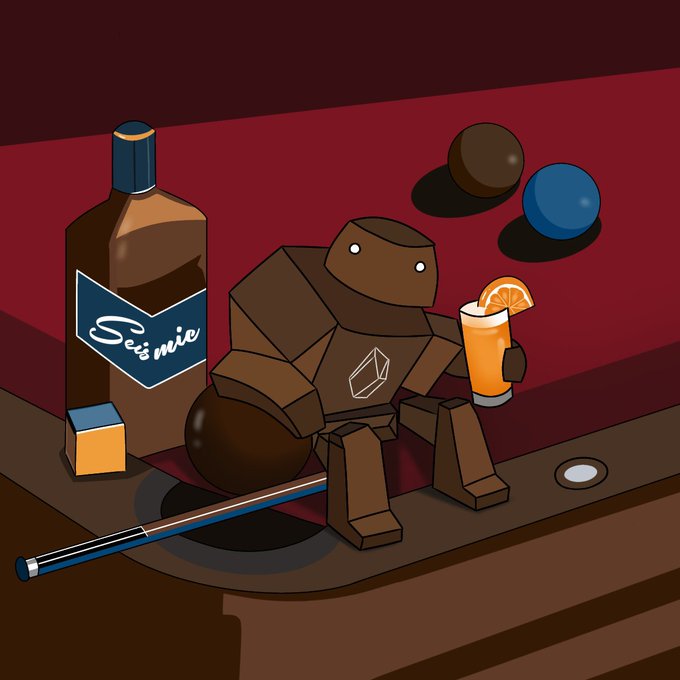 An illustration of a brown geometric robot character sitting on a pool table next to a 'Seismic' whiskey bottle, holding an orange cocktail with a lemon slice, with billiard balls and a cue stick nearby.
