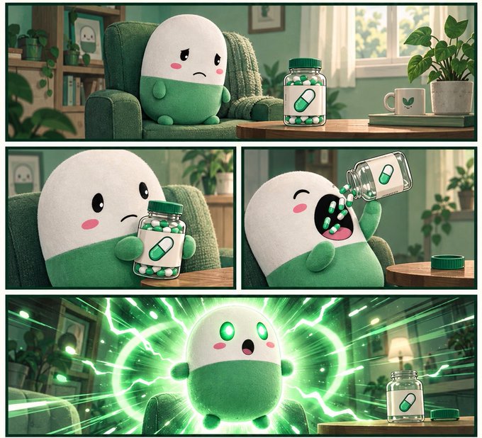 A sad green and white pill-shaped plush character reluctantly drinks a bottle of green capsules before transforming with glowing green eyes and an aura of electric energy, matching the post's "now watch what happens" promise of a dramatic transformation.