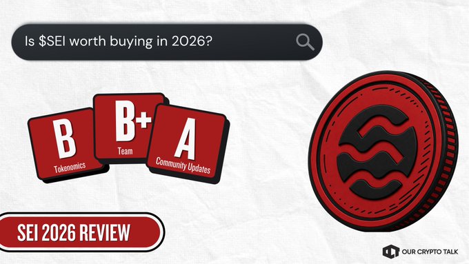 The image features a post about a coin called "SEI" that has been released, with a red circle representing the coin and a black square symbolizing the year "2026". The post also includes text discussing the SEI coin's release date and its potential value in the market.