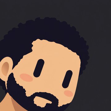 A minimalist cartoon illustration of a bearded man with curly black hair and a neutral expression.