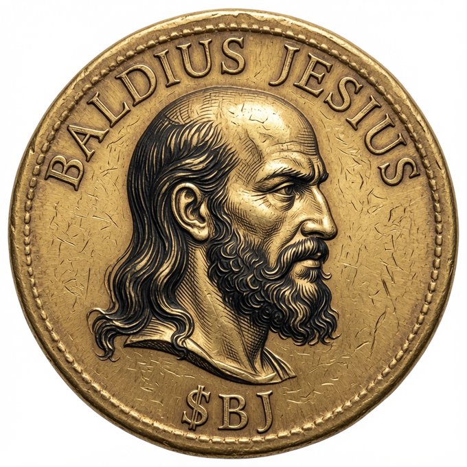 A gold-colored coin featuring a profile portrait of a bearded man, inscribed with 'BALDIUS JESUS' along the top edge and '$BJ' at the bottom.