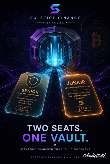 An advertisement for 'SOLSTICE FINANCE STRCUSX' promoting a 'Strategic Tranched Yield' product built on Solana with 'TWO SEATS. ONE VAULT.' Senior and Junior options.