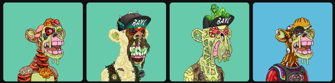 Four colorful cartoon zombie-style monster characters displayed side by side on green and blue backgrounds, with some wearing caps that say 'BAYC'.