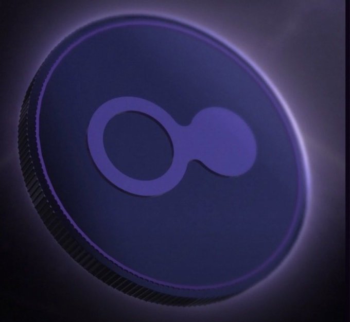 A glowing purple and black cryptocurrency token featuring an infinity-like symbol design.
