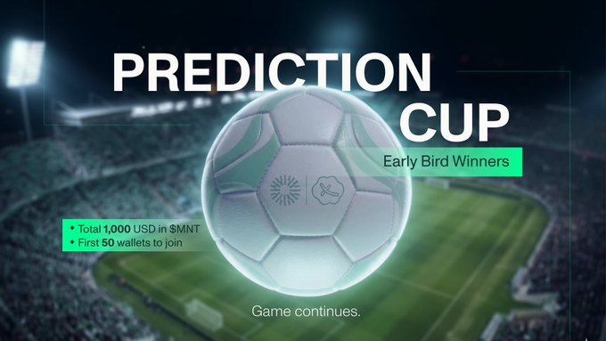 A promotional graphic for the "Mantle Prediction Cup" announces the Early Bird Winners, featuring a glowing soccer ball set against a stadium backdrop, with text highlighting a total prize pool of 1,000 USD in $MNT for the first 50 wallets to join, reinforcing the post's message that early participants have been rewarded.