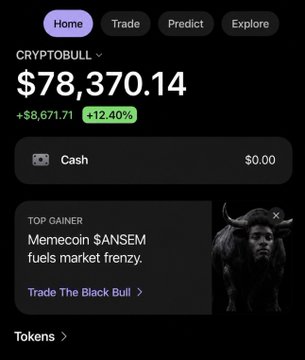 The image depicts the Robinhood Crypto app interface, highlighting Bitcoin's price at $78,370.14 with a daily gain of +$8,671.71 (+12.40%), alongside a promotional banner for the "Top Gainer" Memecoin $ANSEM featuring a black bull graphic. While the app shows crypto market activity, the accompanying post promotes an airdrop giveaway for $SOL, unrelated to the platform shown.