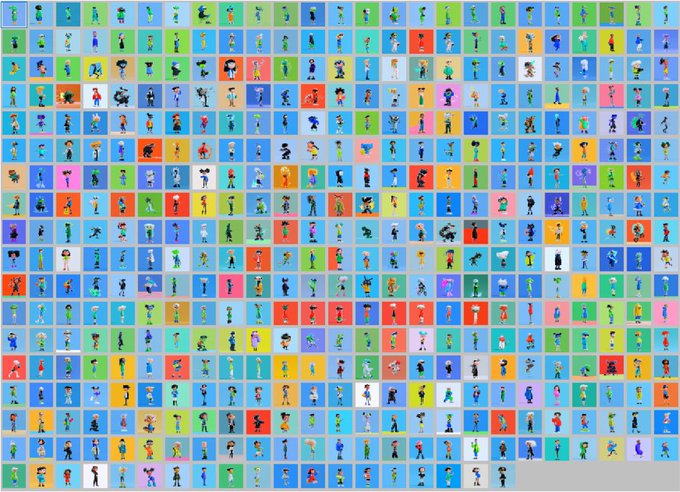 A grid composed of hundreds of small, colorful pixel art sprites, each depicting various cartoon characters or figures against brightly colored square backgrounds.