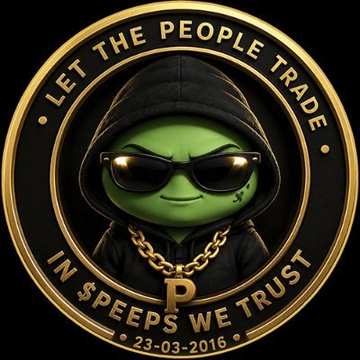 A stylized green character wearing a hoodie and sunglasses, with a large "P" pendant, is featured in a coin design with the text "LET THE PEOPLE TRADE" and "IN $PEEPS WE TRUST." This image likely represents the $PEEPS cryptocurrency mentioned in the accompanying post.