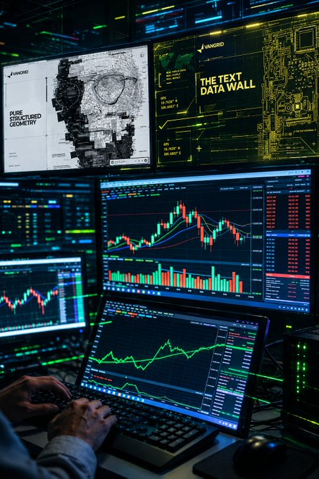 A trader's hands work at a multi-monitor setup displaying candlestick charts and a laptop tracking live green-line graphs, while upper screens show Vangrid's branding with text "PURE STRUCTURED GEOMETRY" and "THE TEXT DATA WALL." The setup reflects the post's theme of combining active market trading with deep research into Physical AI through Vangrid's data analytics platform.