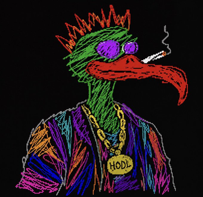 A colorful psychedelic-style illustration of a red bird-like character with a crown, sunglasses, smoking a cigarette, and wearing a gold chain with a 'HODL' pendant on a black background.