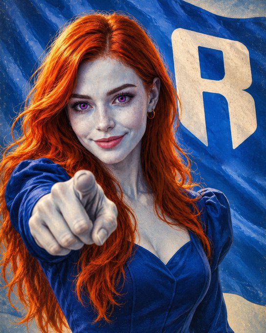 Illustrated poster of a red-haired woman in a blue outfit pointing forward, with a large 'R' on a blue background (resembling a Sonic Prime or Roger Zelazny-style promotional graphic).