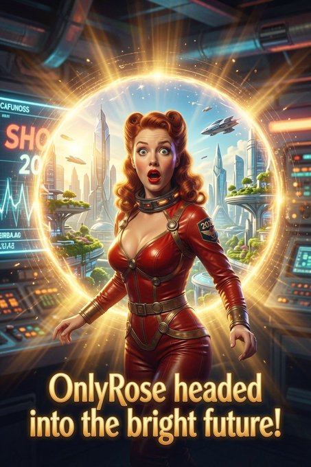 A retro-futuristic sci-fi illustration featuring a red-haired woman in a red jumpsuit stepping through a glowing portal, captioned 'OnlyRose headed into the bright future!'
