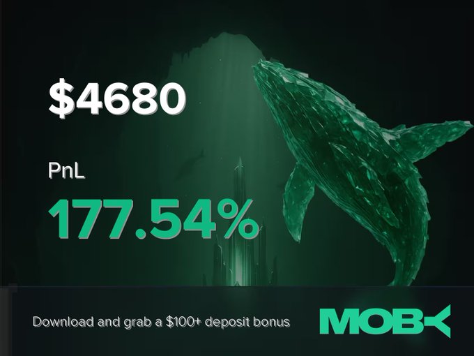 A Moby promotional graphic featuring a green whale graphic displays a profit alert with "$4680" and a PnL of "177.54%" prominently in white and green text against a dark underwater-themed background, with "MOBY" branding and a call-to-action to "Download and grab a $100+ deposit bonus" at the bottom.