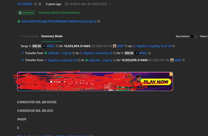 A screenshot of a successful Solana blockchain transaction on Solscan shows a user swapping 866.36 WSOL for 10,923,859.214665 $WIF tokens (valued at $1,550,733.76) through Raydium Liquidity Pool V4 on November 20, 2023, illustrating the massive gains that $WIF made from its early price to its all-time high market cap.