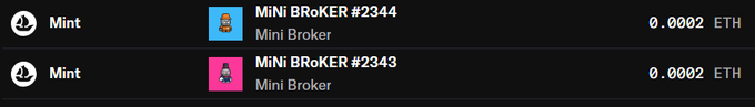 A dark-themed NFT marketplace listing shows two "Mini Broker" NFTs (#2344 and #2343) available to mint for 0.0002 ETH each.